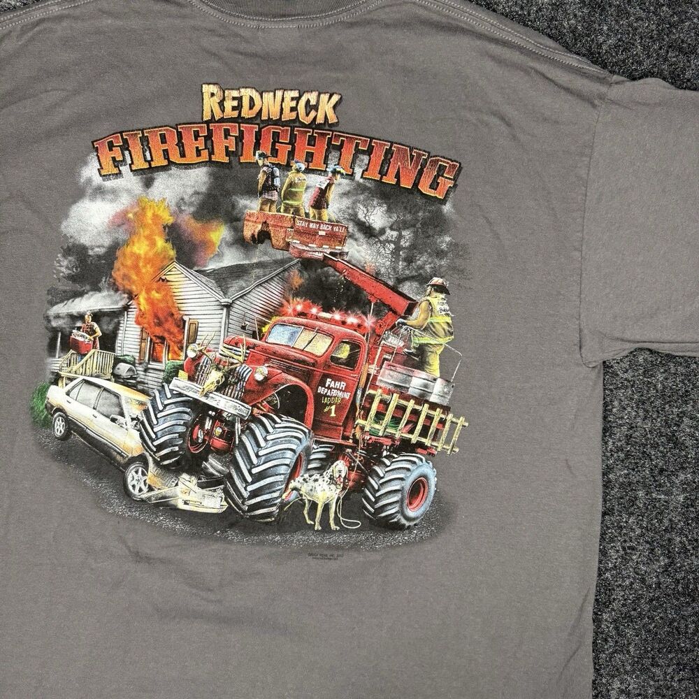 Redneck Sportsman Firefighting Gray Funny Graphic Red Men’s XL Shirt Truck Hose